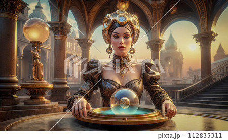 A beautiful mysterious fortune teller with piercing eyes predicts fate on a magic ball A beautiful mysterious fortune teller with piercing eyes predicts fate on a magic ball 112835311