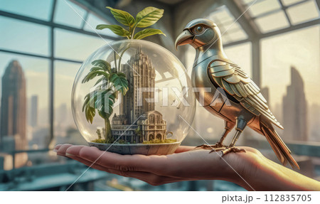 close-up of a robot bird on a girl's hand. ecology and environmental protection concept close-up of a robot bird on a girl's hand. ecology and environmental protection concept 112835705