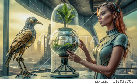 close-up of a robot bird on a girl's hand. ecology and environmental protection concept 112835706