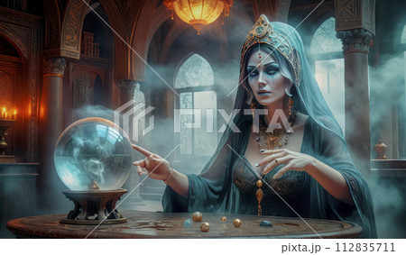 A beautiful mysterious fortune teller with piercing eyes predicts fate on a magic ball 112835711