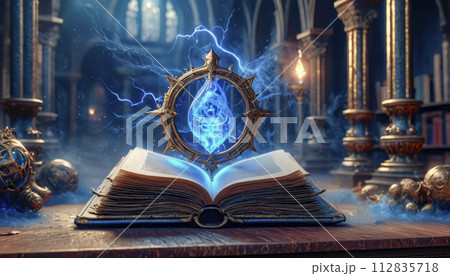 A magic book from the wizard's room, an ancient grimoire for spells 112835718