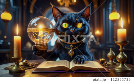 A magical black cat tells fortunes on a Magic Book from the wizard's room 112835733