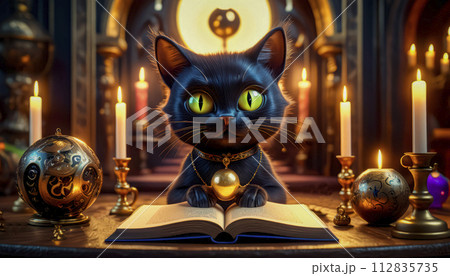 A magical black cat tells fortunes on a Magic Book from the wizard's room A magical black cat tells fortunes on a Magic Book from the wizard's room 112835735