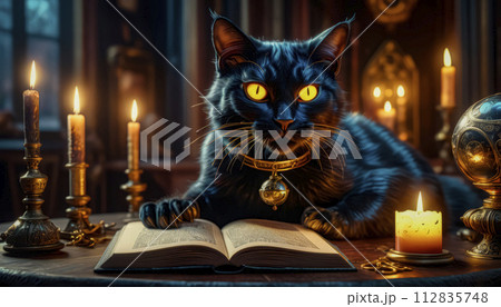A magical black cat tells fortunes on a Magic Book from the wizard's room A magical black cat tells fortunes on a Magic Book from the wizard's room 112835748