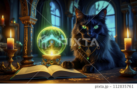 A magical black cat tells fortunes on a Magic Book from the wizard's room 112835761