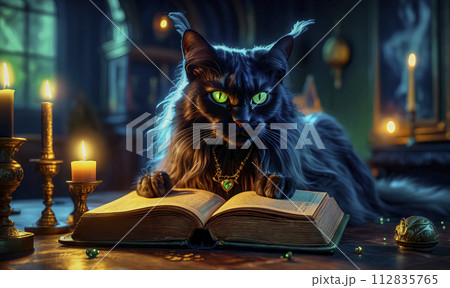A magical black cat tells fortunes on a Magic Book from the wizard's room 112835765