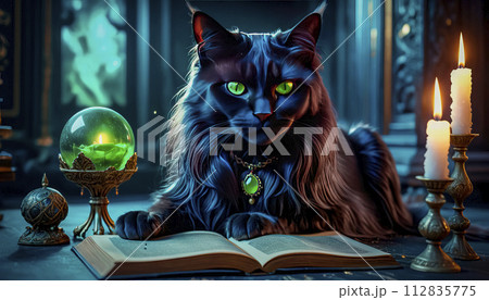 A magical black cat tells fortunes on a Magic Book from the wizard's room 112835775