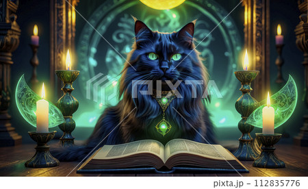 A magical black cat tells fortunes on a Magic Book from the wizard's room A magical black cat tells fortunes on a Magic Book from the wizard's room 112835776