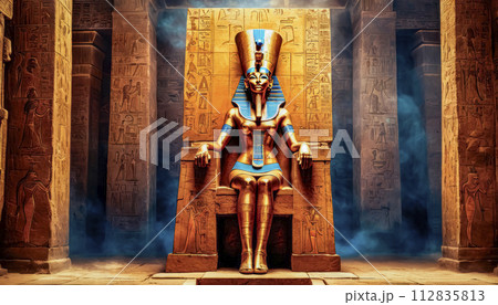 The beautiful Egyptian goddess-pharaoh Hatshepsut sits on a golden throne in the Dendera temple 112835813