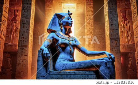 The beautiful Egyptian goddess-pharaoh Hatshepsut sits on a golden throne in the Dendera temple The beautiful Egyptian goddess-pharaoh Hatshepsut sits on a golden throne in the Dendera temple 112835816