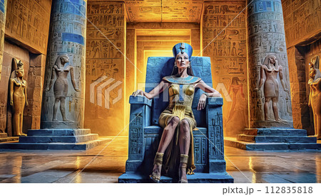 The beautiful Egyptian goddess-pharaoh Hatshepsut sits on a golden throne in the Dendera temple The beautiful Egyptian goddess-pharaoh Hatshepsut sits on a golden throne in the Dendera temple 112835818