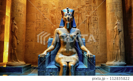 The beautiful Egyptian goddess-pharaoh Hatshepsut sits on a golden throne in the Dendera temple The beautiful Egyptian goddess-pharaoh Hatshepsut sits on a golden throne in the Dendera temple 112835822