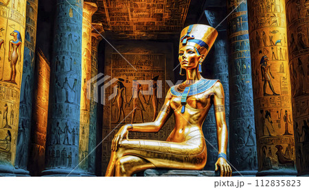 The beautiful Egyptian goddess-pharaoh Hatshepsut sits on a golden throne in the Dendera temple The beautiful Egyptian goddess-pharaoh Hatshepsut sits on a golden throne in the Dendera temple 112835823