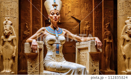 The beautiful Egyptian goddess-pharaoh Hatshepsut sits on a golden throne in the Dendera temple The beautiful Egyptian goddess-pharaoh Hatshepsut sits on a golden throne in the Dendera temple 112835824