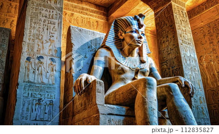 The beautiful Egyptian goddess-pharaoh Hatshepsut sits on a golden throne in the Dendera temple The beautiful Egyptian goddess-pharaoh Hatshepsut sits on a golden throne in the Dendera temple 112835827