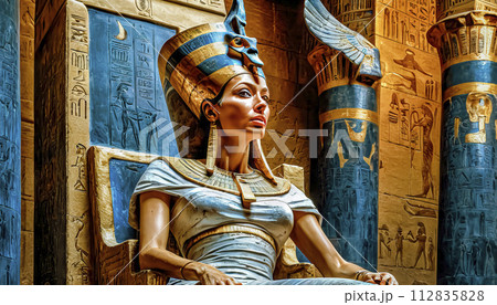 The beautiful Egyptian goddess-pharaoh Hatshepsut sits on a golden throne in the Dendera temple The beautiful Egyptian goddess-pharaoh Hatshepsut sits on a golden throne in the Dendera temple 112835828