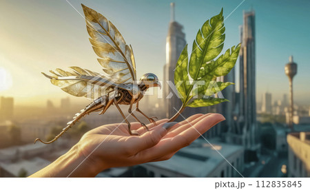 robot bird on a girl's hand. ecology and environmental protection concept robot bird on a girl's hand. ecology and environmental protection concept 112835845