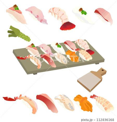 おいしい寿司～冬～（楚蟹・金目鯛・竹麦魚・赤貝・甘海老・鮍・笠子・伊勢海老・河豚・魬）	 112836168