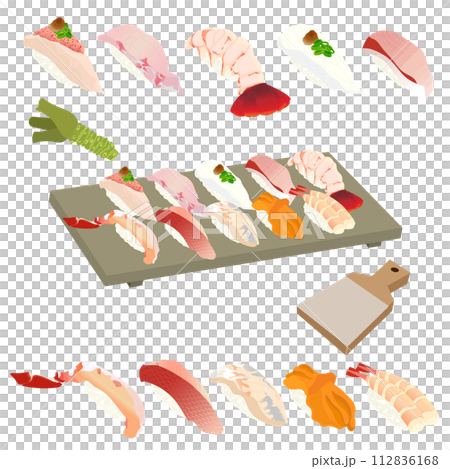 美味的壽司~冬天~（蜀蟹、紅鯛魚、青稞魚、紅貝、甜蝦、鮭魚、kasako、龍蝦、河豚、青花） 112836168