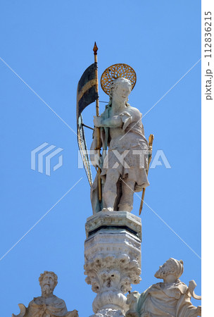 Statue of Saint, detail of the facade of the Saint Mark's Basilica, St. Mark's Square, Venice, Italy 112836215