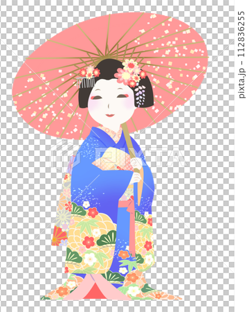 日本雨傘和長袖和服藝伎舞妓 112836255