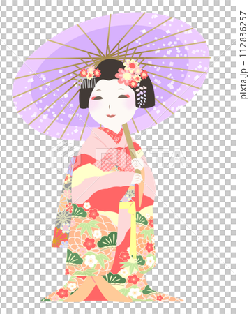 日本雨傘和長袖和服藝伎舞妓 112836257