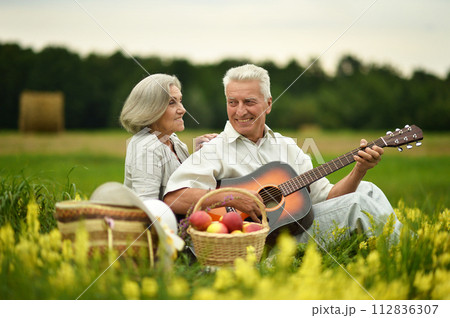 Senior couple with guitar at summer field 112836307
