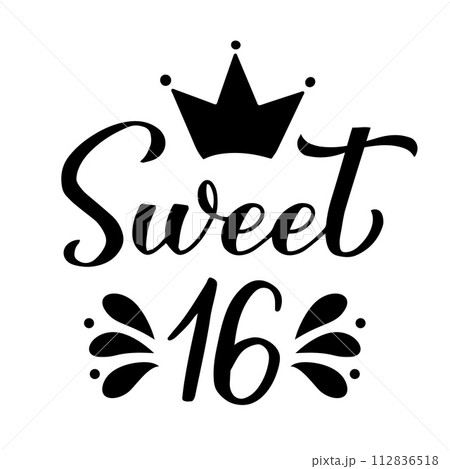 Sweet 16 calligraphy hand lettering isolated on white. 16th birthday celebration inscription. Sweet sixteen typography poster. Vector template for greeting card, banner, sticker, t-shirt, etc. 112836518