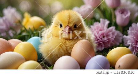 Happy Easter yellow chick with Easter eggs surrounded by spring flowers on a floral background. Easter concept 112836810