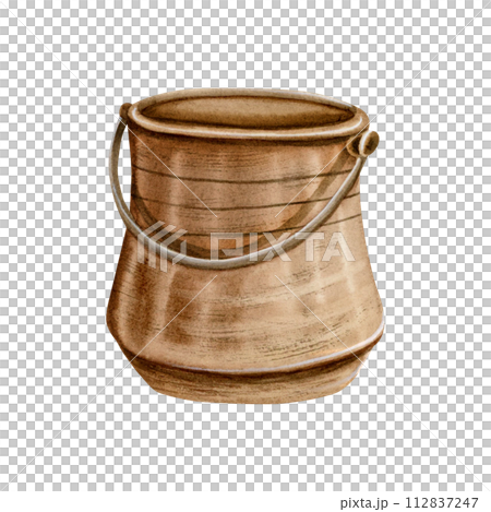 Empty copper bucker with handle watercolor illustration isolated on white background. Vintage metal pot for plants and flowers realistic drawing 112837247