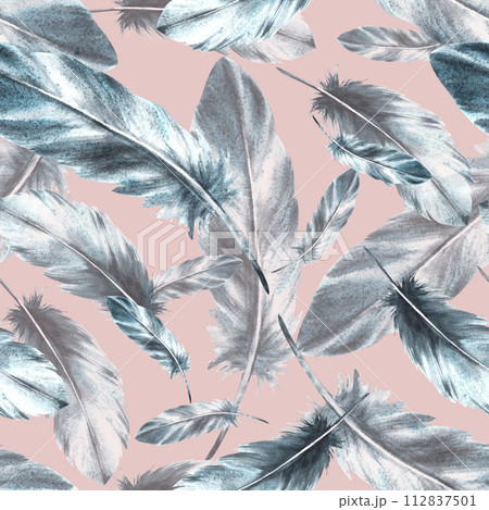 Watercolor seamless pattern with monochrome bird feathers grey black color with granulation of shades, ornaments. Quills wings drawing illustration. Wallpaper wrapping fabric Isolated peach background 112837501