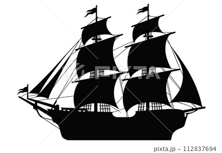Silhouette of a Pirate Ship, Pirate boats and Old different Wooden Ships with Fluttering Flags Silhouette of a Pirate Ship, Pirate boats and Old different Wooden Ships with Fluttering Flags 112837694