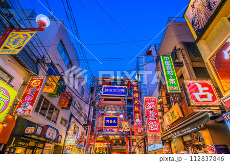 日本の横浜都市景観 3月。横浜中華街・関帝廟通りなどを望む。奥は「天長門」や横浜大世界＝15日 112837846