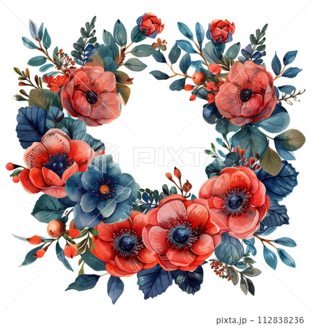 Red and Blue Flower Wreath 112838236