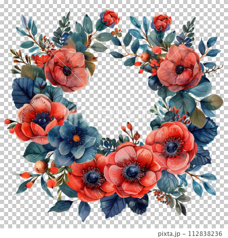 Red and Blue Flower Wreath 112838236