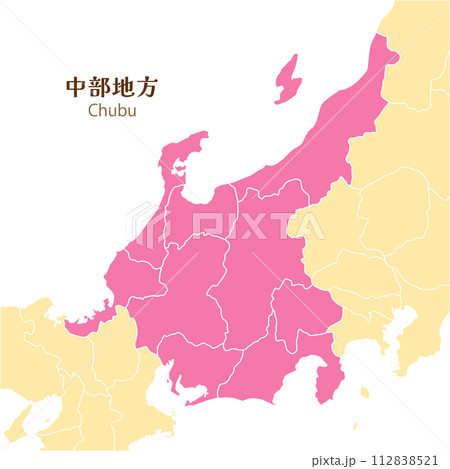 中部地方、中部地方の各県と周辺の地図、パステルカラーのかわいい地図 112838521