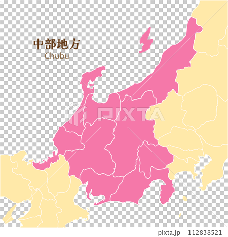 中部地方、中部地方の各県と周辺の地図、パステルカラーのかわいい地図 112838521