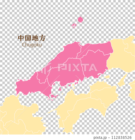 Maps of the Chugoku region, each prefecture in the Chugoku region and surrounding areas, cute maps in pastel colors 112838526
