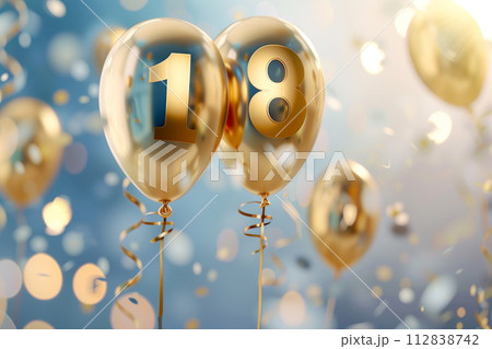 Golden helium floating balloons with number eighteen on pastel blue background. Birthday party for 18 years celebration. generative AI 112838742