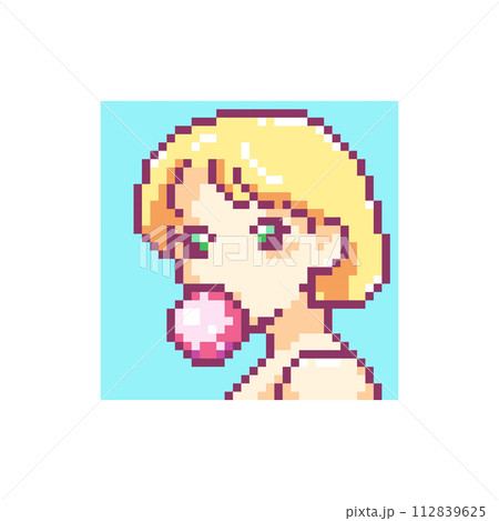 Pixel Art Girl Blowing Bubblegum. 8 bit Game Pattern for Print. 112839625
