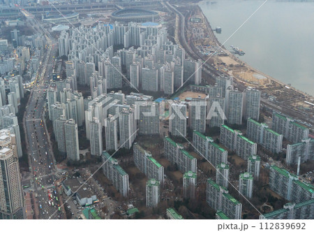 Aerial view of Seoul Downtown Skyline, South Korea. Financial district and business centers in smart urban city in Asia. Skyscraper and high-rise buildings. 112839692