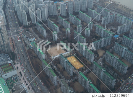 Aerial view of Seoul Downtown Skyline, South Korea. Financial district and business centers in smart urban city in Asia. Skyscraper and high-rise buildings. 112839694