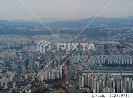 Aerial view of Seoul Downtown Skyline, South Korea. Financial district and business centers in smart urban city in Asia. Skyscraper and high-rise buildings. 112839716