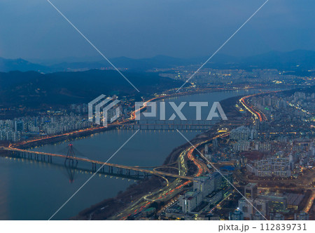 Aerial view of Seoul Downtown Skyline, South Korea. Financial district and business centers in smart urban city in Asia. Skyscraper and high-rise buildings. 112839731
