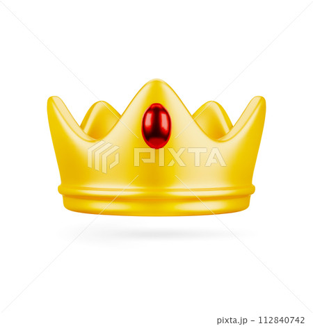 3D cute cartoon golden royal crown with red gemstone, isolated on white background. Element for Luxury, Win, Success or Power. Vector Illustration of 3D Render. 3D cute cartoon golden royal crown with red gemstone, isolated on white background. Element for Luxury, Win, Success or Power. Vector Illustration of 3D Render. 112840742