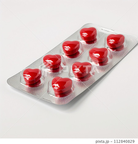 Blister with red pills in the shape of hearts. Antidepressants in tablets. Fighting depression. Health concept 112840829