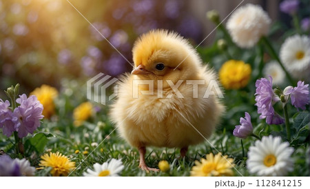 Easter chick on spring floral background.のイラスト素材 [112841215] - PIXTA
