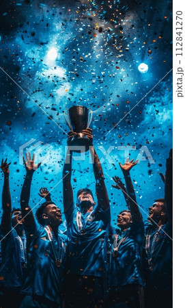 AI-generated content. Happy soccer team, players raising trophy against blue background with falling confetti. Team celebrating winning game 112841270