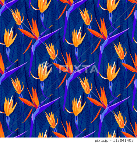 Tropical flower seamless pattern with modern yellow, orange color strelitzia, on blue leaves background, hand drawing illustration 112841405