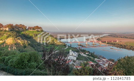 Panorama showing the Castle of Almourol on hill in Santarem aerial timelapse. Portugal 112841785
